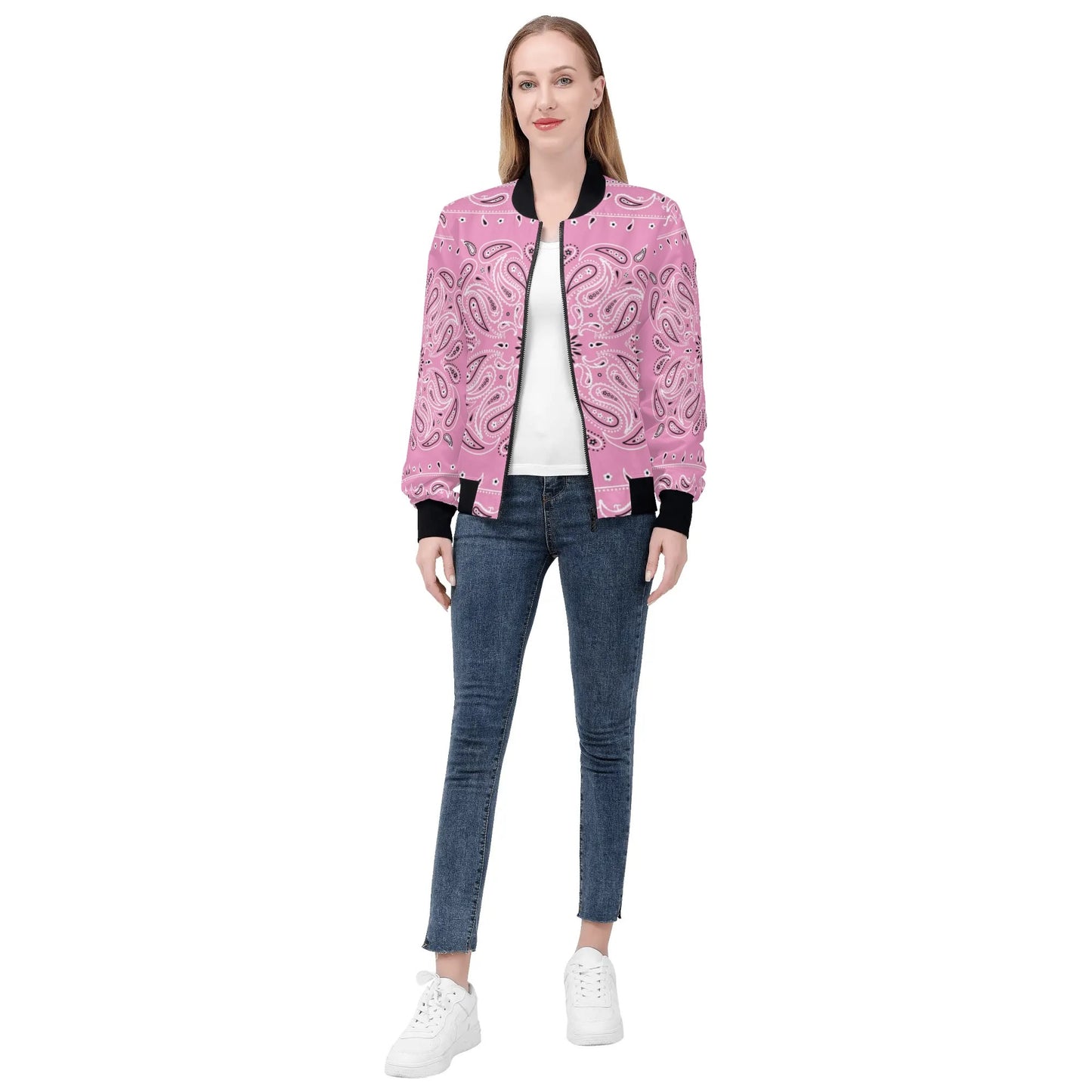 Womens Zip Up Print Bomber Jacket